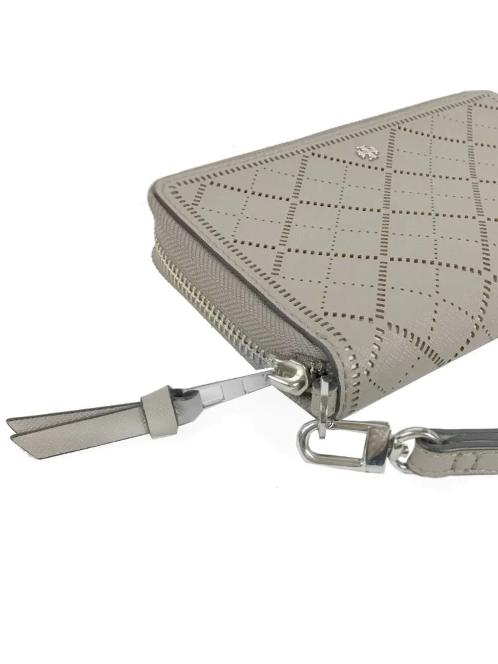 Tory Burch Taupe Beige Diamond Laser-Cut Zip-Around Leather Wristlet Wallet